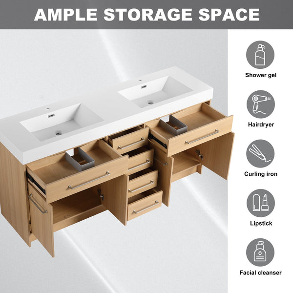 English Elm 72" Freestanding Bathroom Vanity with Double Resin Sink, Original Oak Finish, 4 Doors & 6 Drawers, Soft-Close W1972P315234