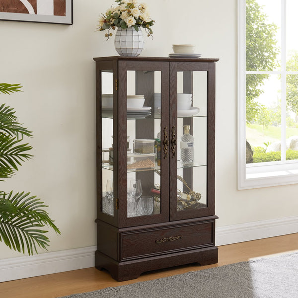 English Elm Glass Cabinet Vintage Carved Metal Handle Lighted Curio Display with Adjustable Glass Shelves, Drawer, Anti-Tip Strap Cherry W2275P178888