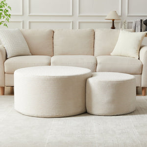 English Elm Nesting Foam Upholstered Round Coffee Tables Set of 2 — No Assembly, Multipurpose Ottoman Side Table Beige W834P326382