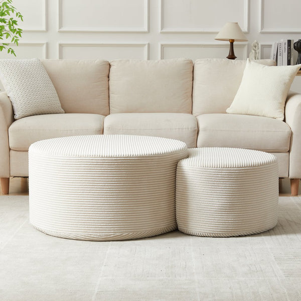 English Elm Nesting Foam Upholstered Round Coffee Tables Set of 2 — No Assembly, Multipurpose Ottoman Side Table Beige W834P326382