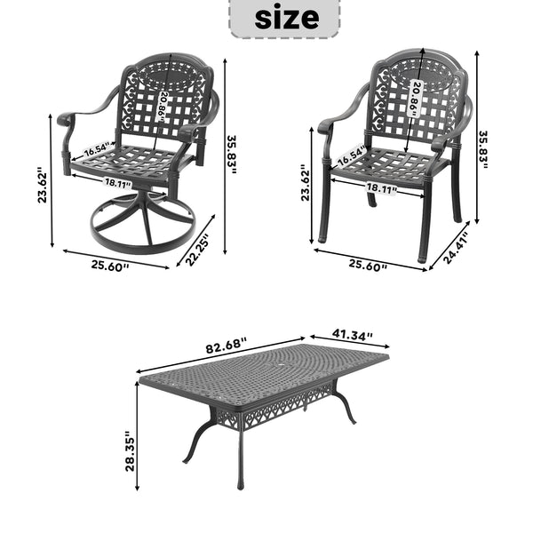 English Elm 7-Piece All-Weather Cast Aluminum Dining Set With Swivel Chairs & Cushions For Stylish Outdoor Gatherings W1710S00420