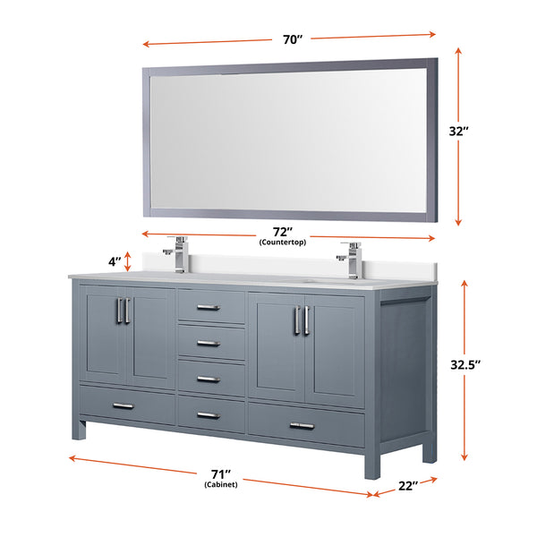English Elm Dark Grey 72" Double Bath Vanity with White Quartz Top, Chrome Faucet, Large 70"x32" Mirror, Durable Finish B2731S01001