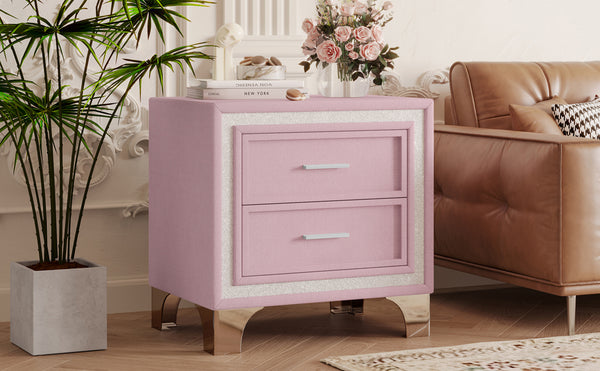 English Elm Mid Century Nightstand Velvet 2-Drawer Bedside Table with Metal Legs, Retro Space-Saving Storage and Durable Finish Pink 23.5 L x 19 W x 17 H N733P183659H