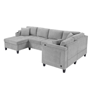 English Elm Modern U-shaped Sectional Sofa 115.7" Corner Couch with Chaise, Chenille Tufted Cushions, USB Ports and Storage LIGHT GREY N719S002150R