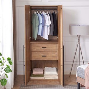 English Elm Lee 32" Space-Saving Wardrobe Closet In Golden Brown – Stylish Storage With Soft-Close Drawers & More! B365S00130