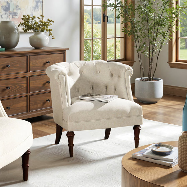 English Elm Jennifer Taylor Home - Katherine Tufted Accent Chair Sand Beige Polyester - Handcrafted Barrel Back, High-Density Foam Comfort B2719P364404
