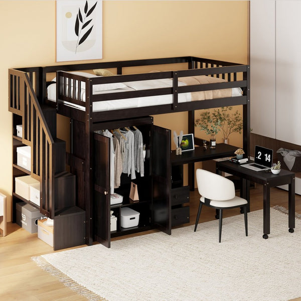 English Elm Queen Murphy Bed with Integrated Desk Cabinet Shelves Space Saving Studio Solution Espresso N708S00013P