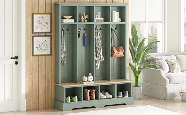 English Elm ON-TREND Farmhouse 59" Wide Hall Tree with 8 Hooks, Rustic Bench & Open Compartments for Organized Entryway Green N721P292601M