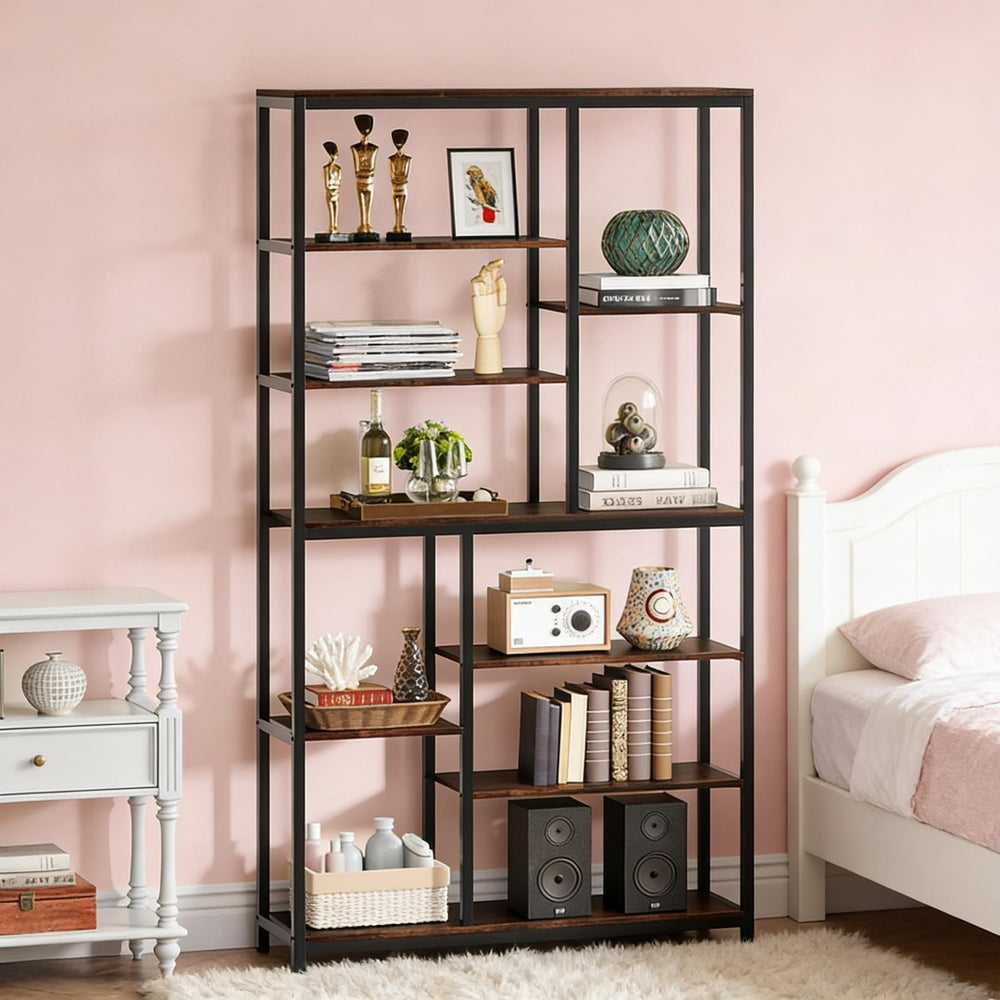 English Elm Tall Industrial Etagere Bookcase with Staggered Open Shelves for Living Room or Office T3971P449887