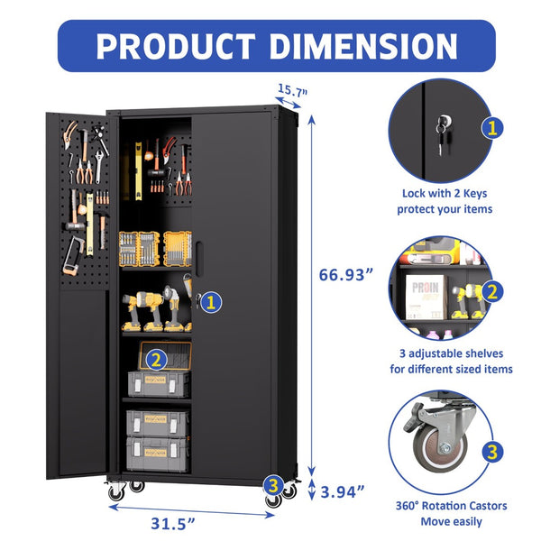 English Elm 71" Rolling Steel Garage Cabinet Lockable Doors Adjustable Shelves Heavy Duty T2398P413023
