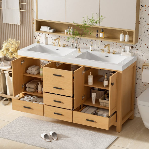 English Elm [video]59.3 Inch Wall Mounted Double Sink Vanity Wood Grain Mdf Soft Close Storage N729P000013O