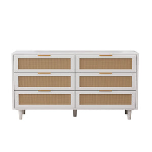 English Elm 51.18"6-Drawers Rattan Storage Cabinet with Woven Fronts, White Dresser for Bedroom & Living Room, Space-Saving Stylish Organizer W757P235127