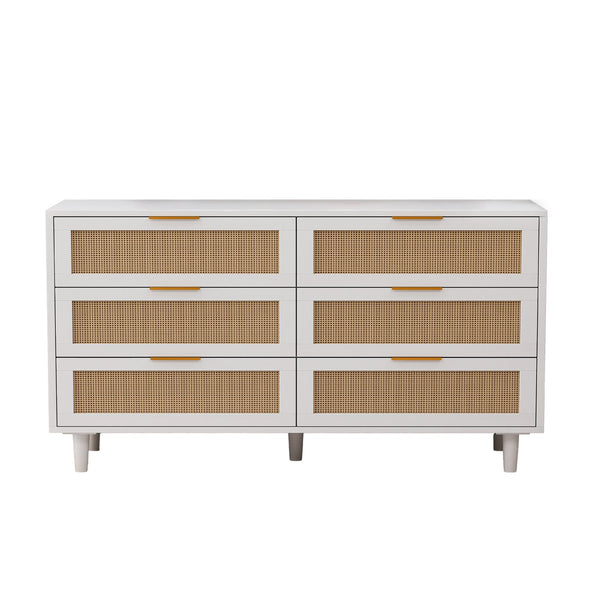 English Elm 51.18"6-Drawers Rattan Storage Cabinet with Woven Fronts, White Dresser for Bedroom & Living Room, Space-Saving Stylish Organizer W757P235127