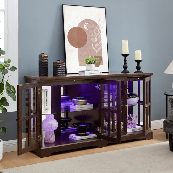 English Elm Led Curio Display Cabinet - Antique Cherry 4-Door Showcase With Adjustable Shelves & Colorful Lighting W2275P231691