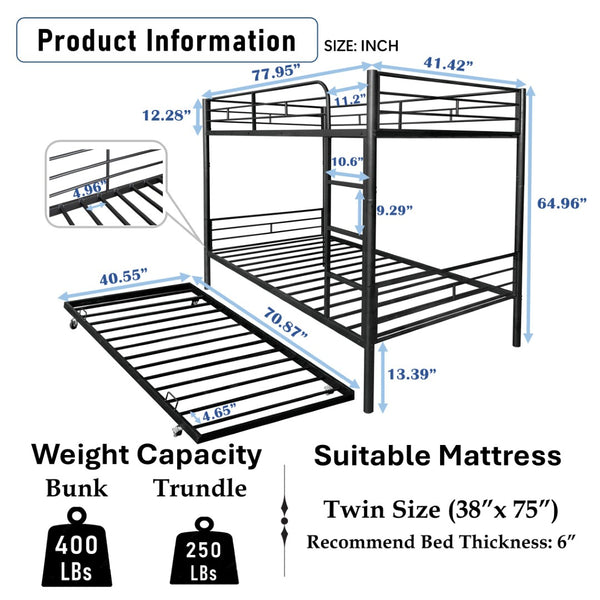 English Elm Separatable Twin-Over-Twin Bunk Bed With Trundle: Durable, Flexible, Space-Saving & Easy Setup! W427P292989-GIGA