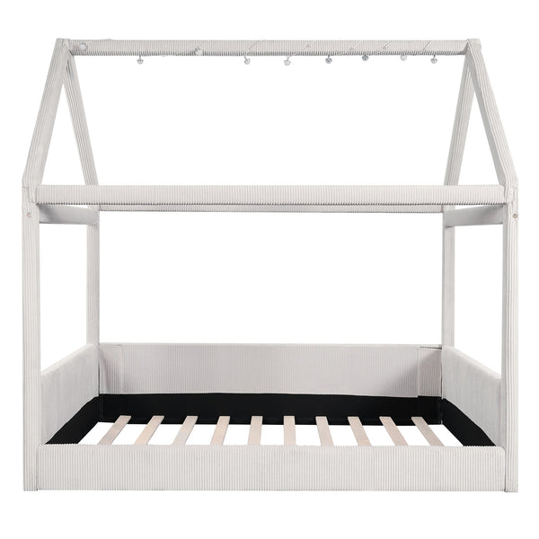 English Elm Full Size Upholstered House Daybed With Led Lighting, Cozy Beige Corduroy For Kids & Guests N7500001335A