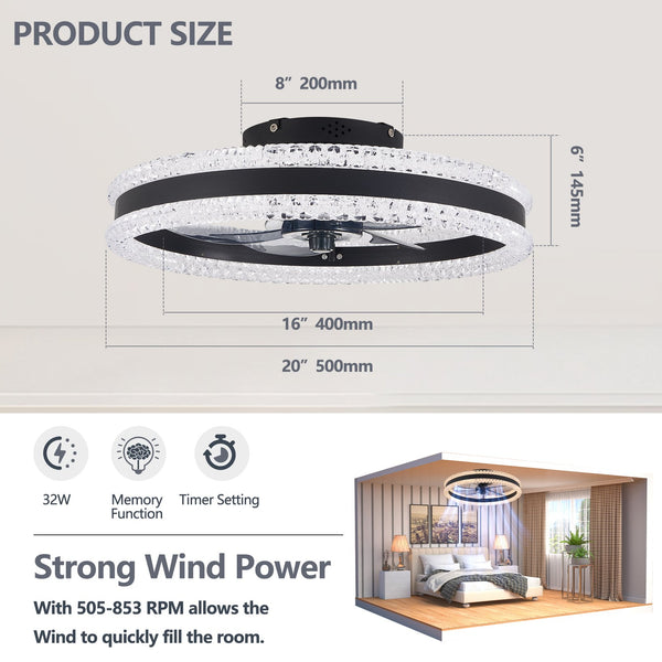 English Elm 20" Luxury Double Ring LED Ceiling Fan with Crystal Flush Mount, Hidden Blades, Dimmable Remote & App Control Black W2312P368710