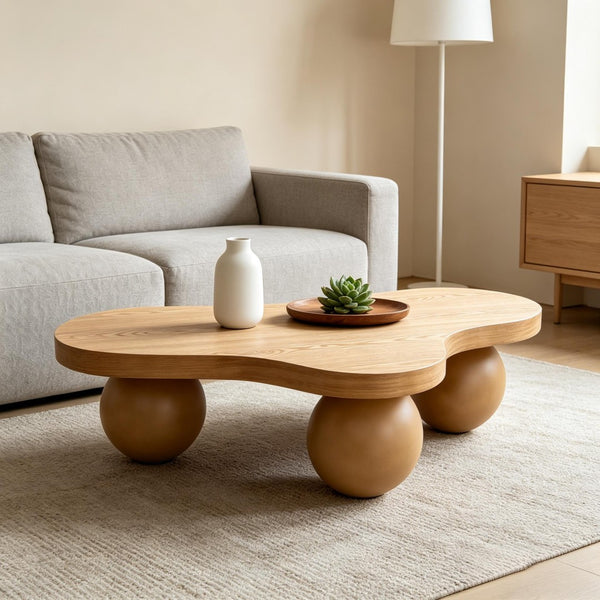 English Elm 46 Inch Cloud Shaped Coffee Table with Ash Veneer Top and Sculptural Sphere Legs Brown W3935S00008
