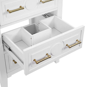 English Elm 24'' Bathroom Vanity with Ceramic Sink and 3 Drawers Retro Solid Wood Frame Freestanding Storage White N710P371184K
