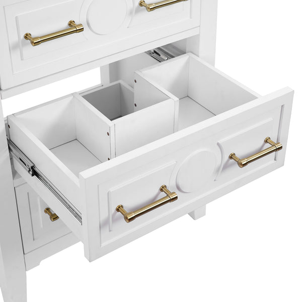 English Elm 24'' Bathroom Vanity with Ceramic Sink and 3 Drawers Retro Solid Wood Frame Freestanding Storage White N710P371184K