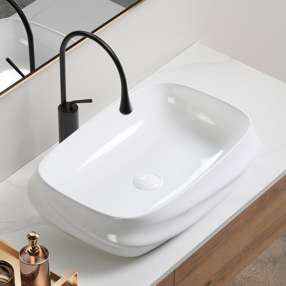 English Elm Modern Ribbed Ceramic Vessel Sink Gloss White Architectural Basin for Bathroom Vanity W3402P351186