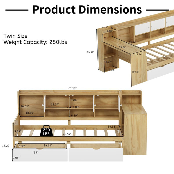English Elm Wooden L-shape Twin Bed with Study Desk Bookshelf and Nine Storage Cabinets N733S247070M