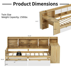 English Elm Wooden L-shape Twin Daybed with Desk Bookshelf and Nine Storage Compartments N733S351668M