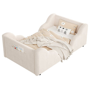 English Elm Toddler Floor Bed Velvet Upholstered Cloud Frame with Safety Rails and Storage Pocket N899P452412A