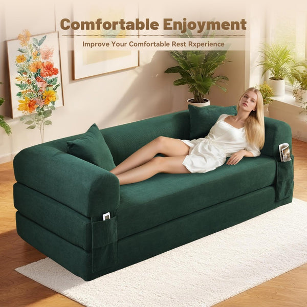 English Elm Convertible Corduroy Sleeper Sofa Queen Fold Out Bed with Dual Storage Pockets Dark Green W3396P483180