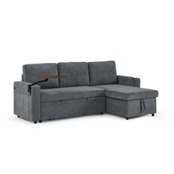 English Elm Modern Chenille Pull-Out Bed Sofa With Table, Led Lights, Usb Ports & Cup Holders - Gray Cozy Comfort W1413S00096