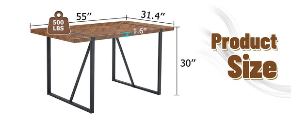 English Elm A minimalist retro dining table with fishbone MDF tabletop, dark wood texture, inset black metal legs, 55"x31.4" W1151P240748