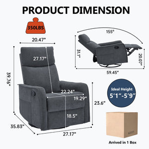English Elm Heat Massage Rocker Recliner with Swivel Base and Vibrating Nodes for Living Room Grey W1803P251887