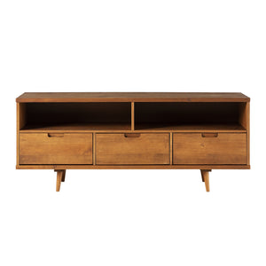 English Elm Walker Edison - Mid-Century Solid Wood 3-Drawer 58" TV Stand with Cord Management, Open Cubbies & Angled Legs Caramel 69 L x 19 W x 6 H B185P169379