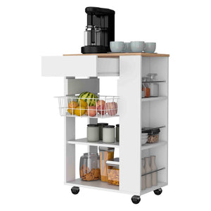 English Elm Shelton Rolling Kitchen Cart with Open Shelves Drawer and Hanging Utensil Rack B128S00144