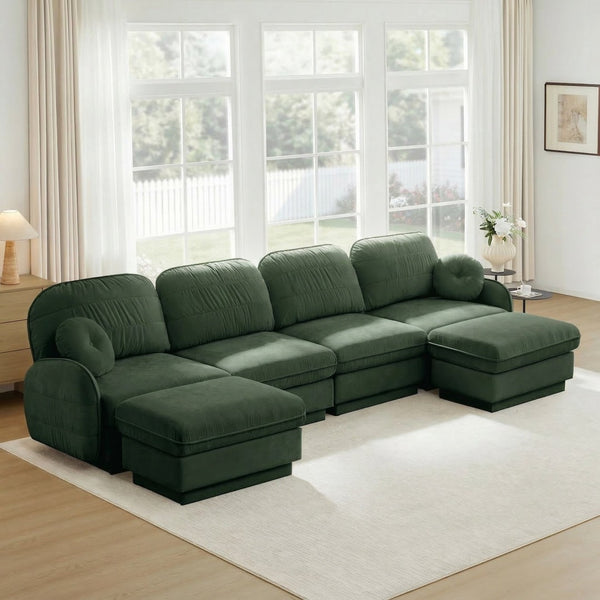 English Elm 137" Oversized U-shaped Chenille Sectional with Ottoman Quilted Cushions for Spacious Living Green W714S01773