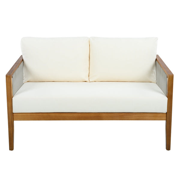 English Elm Outdoor Acacia Wood Loveseat Set with Rope Woven Panels and Matching Coffee Table Beige,Teak N768P408131T