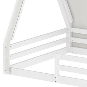 English Elm Twin Montessori Floor Bed Solid Pine Teepee Frame with Guardrails and Canopy Light White+Pink W1580P369467