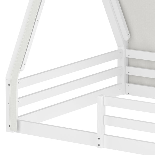 English Elm Twin Montessori Floor Bed Solid Pine Teepee Frame with Guardrails and Canopy Light White+Pink W1580P369467