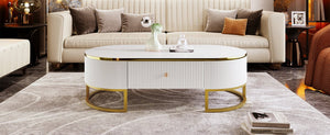 English Elm Modern Oval Coffee Table with Drawers and Gold Base, High-Gloss White Finish, Durable 47.2" Centerpiece N735P192897K