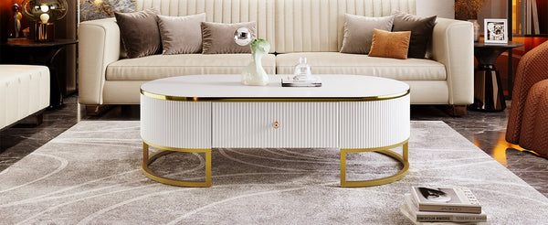 English Elm Modern Oval Coffee Table with Drawers and Gold Base, High-Gloss White Finish, Durable 47.2" Centerpiece N735P192897K