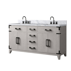 English Elm White Oak Double Bath Vanity With Carrara Marble Top, Chrome Faucet & Ample Storage Space B2731P259870-GIGA