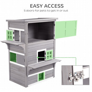 English Elm Pawhut 3-Story Cat House - Cozy Multi-Level Feral Shelter With Escape Doors, Jumping Platforms, Grey W2225P200611-GIGA