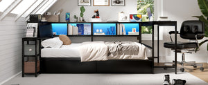 English Elm Corner Twin Platform Bed Bookcase Led Lighting Charging Station Underbed Storage W1670P420458