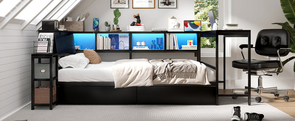 English Elm Corner Twin Platform Bed Bookcase Led Lighting Charging Station Underbed Storage W1670P420458