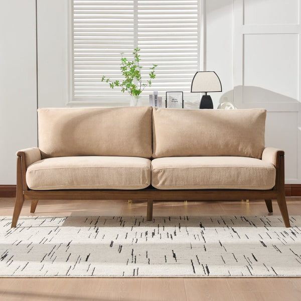 English Elm Mid-century Modern Boucle Upholstered Three Seat Sofa with Walnut Finish Wood Legs Camel N773P411407N