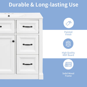 English Elm 36 Inch Bathroom Vanity With Sink – Modern Design, Soft-Close Drawers & Adjustable Storage Shelf, White Finish N725P336549K