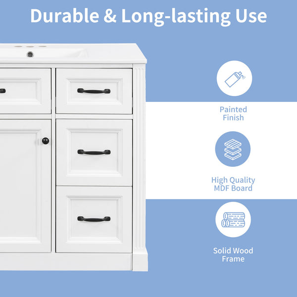 English Elm 36 Inch Bathroom Vanity With Sink – Modern Design, Soft-Close Drawers & Adjustable Storage Shelf, White Finish N725P336549K