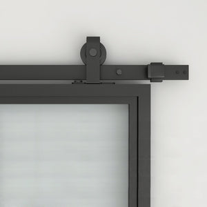 English Elm 30 in Matte Black Steel Sliding Barn Door Frosted Glass Privacy Panel with Hardware B2763P483193