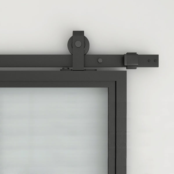 English Elm 30 in Matte Black Steel Sliding Barn Door Frosted Glass Privacy Panel with Hardware B2763P483193