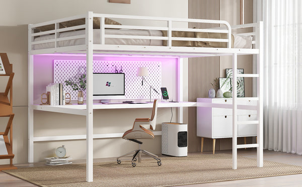 English Elm Metal Queen Loft Bed With Integrated Desk, Led Lights, Power Outlet – Stylish Space-Saver Solution W1580S00139